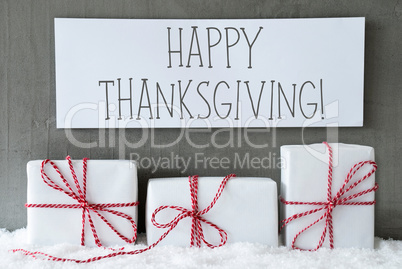 White Gift On Snow, Text Happy Thanksgiving