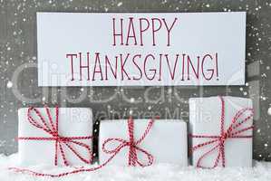 White Gift With Snowflakes, Text Happy Thanksgiving