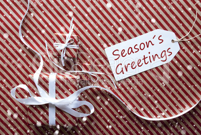 Gifts With Label, Snowflakes, Text Seasons Greetings