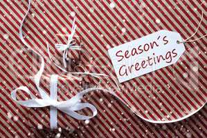 Gifts With Label, Snowflakes, Text Seasons Greetings