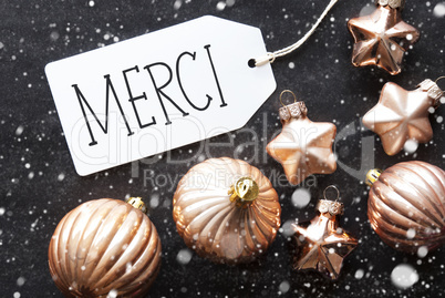 Bronze Christmas Balls, Snowflakes, Merci Means Thank You