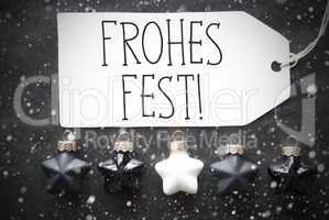 Black Balls, Snowflakes, Frohes Fest Means Merry Christmas