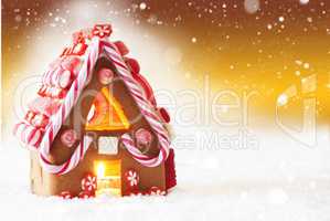 Gingerbread House, Golden Background With Snowflakes, Copy Space