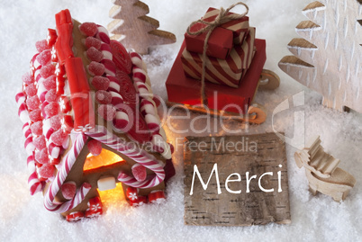 Gingerbread House, Sled, Snow,Merci Means Thank You