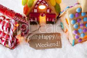 Colorful Gingerbread House, Snow, Text Happy Weekend