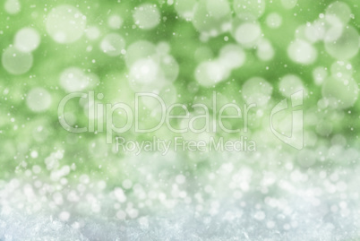 Green Christmas Background With Snow, Snwoflakes And Bokeh