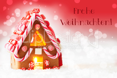 Gingerbread House, Red Background, Text Frohe Weihnachten Means Merry Christmas