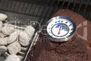 Thermometer on pork, BBQ grill