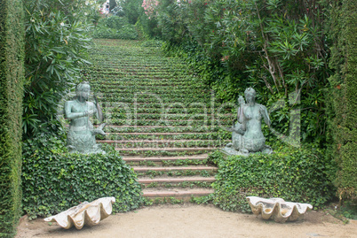 Stone stairway with bush in garden
