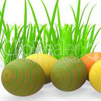 Easter Eggs Shows Green Grass And Grassland