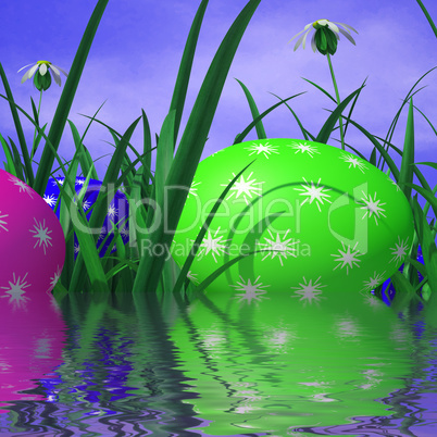 Easter Eggs Represents Green Grass And Environment