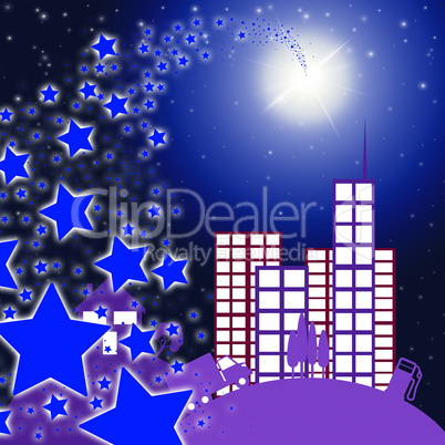 City Star Indicates Full Moon And Cityscape