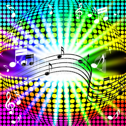 Music Disco Ball Background Shows Songs Dancing And Beams.