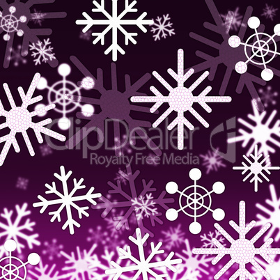 Purple Snowflakes Background Shows Snowing Winter And Seasons.