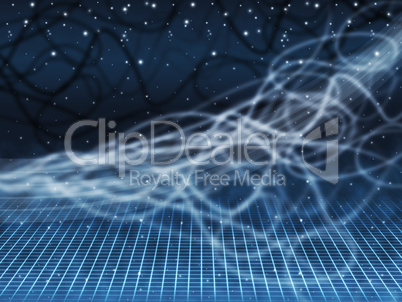 Blue Squiggles Background Shows Starry Sky And Grid.