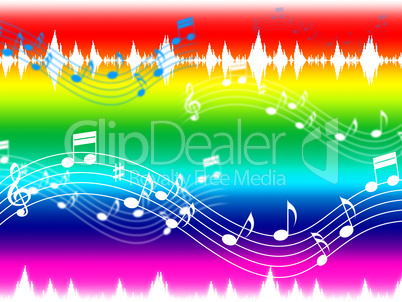 Rainbow Music Background Shows Musical Piece And Instruments.