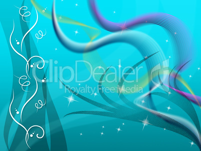 Blue Floral Background Shows Curves Plants And Stars.