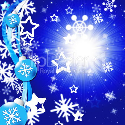 Blue Snowflakes Background Shows Bright Sun And Snowing.