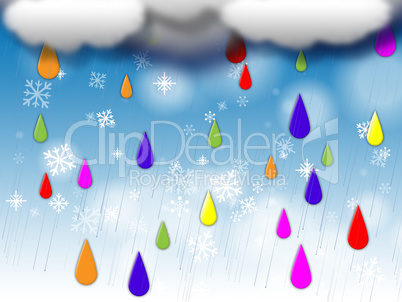 Rainbow Drops Background Means Colorful Dripping And Clouds.