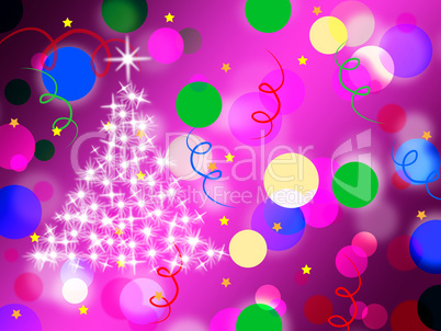 Purple Spots Background Means Dots And Sparkling Christmas Tree.