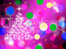 Purple Spots Background Means Dots And Sparkling Christmas Tree.