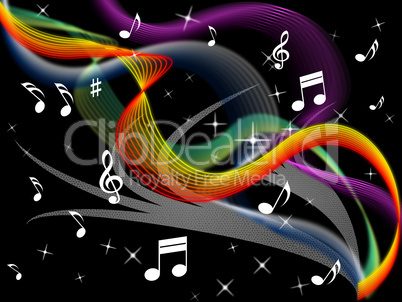 Music Background Means Melody Instrument And Colorful Waves.
