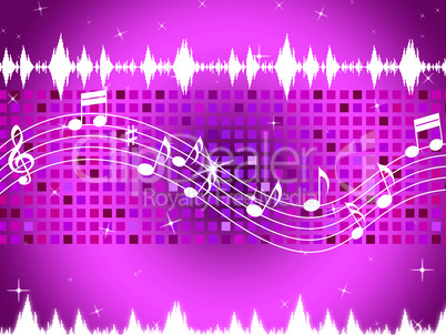 Purple Music Background Means Sparkling Sqaures And Party.