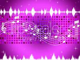 Purple Music Background Means Sparkling Sqaures And Party.