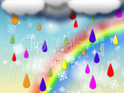 Rainbow Background Shows Colorful Rain And Snowing.