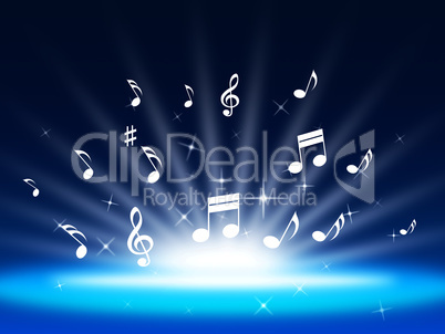 Blue Music Background Means Instruments And Soundwaves.