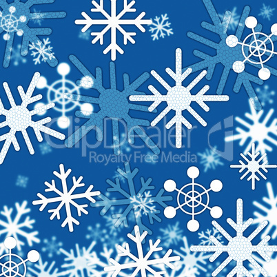Blue Snowflakes Background Shows Winter And Frozen.