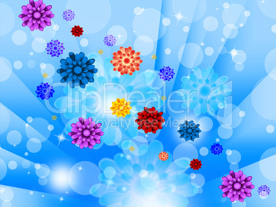 Blue Flowers Background Shows Glow Beams Bubbles And Pretty.