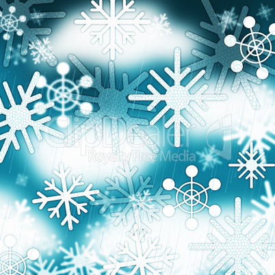 Blue Snowflakes Background Means Frozen Sky And Winter.