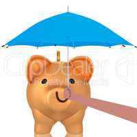 Hand holding umbrella over piggy bank