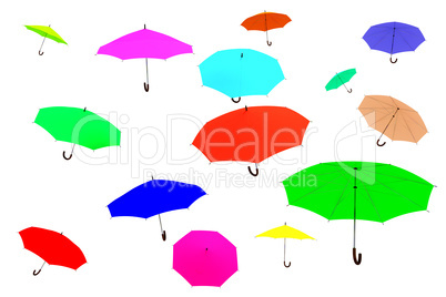 Clamped umbrellas flying through the air
