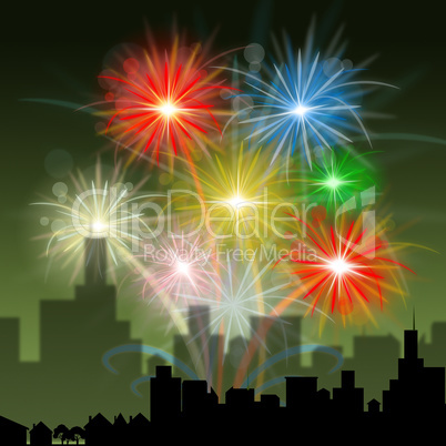 Fireworks City Indicates Night Sky And Celebration