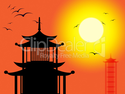 Pagoda Silhouette Indicates Zen Buddhism And Worship