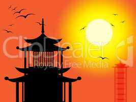 Pagoda Silhouette Indicates Zen Buddhism And Worship