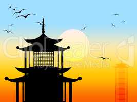 Pagoda Silhouette Represents Zen Japanese And Profile