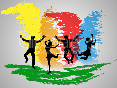 Colorful Jumping Indicates Friends Happiness And Positive