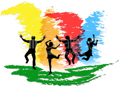 Jumping People Indicates Colorful Active And Happiness