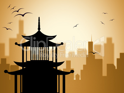 Silhouette Pagoda Shows Worship Asian And Buddhism