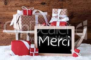 Sleigh With Gifts On Snow, Merci Means Thank You