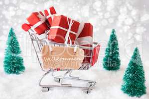 Trolly With Christmas Gifts And Snow, Willkommen Means Welcome