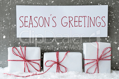 White Gift With Snowflakes, Text Seasons Greetings