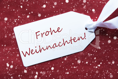 Label On Red Background, Snowflakes, Frohe Weihnachten Means Merry Christmas