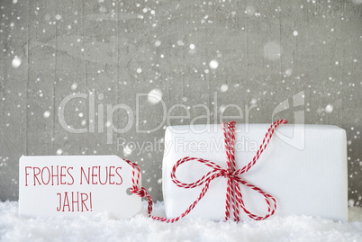Gift, Cement Background With Snowflakes, Neues Jahr Means New Year