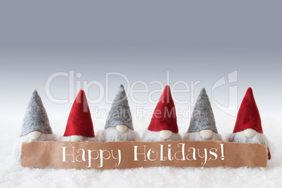 Gnomes, Green Background, Text Happy Holidays