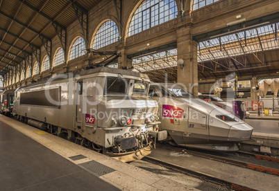 French locomotives parked in main Paris train station