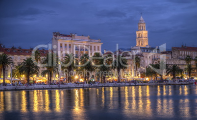 Riva waterfront, houses and Cathedral of Saint Domnius, Dujam, Duje, bell tower Old town by night, Split, Croatia, HDR